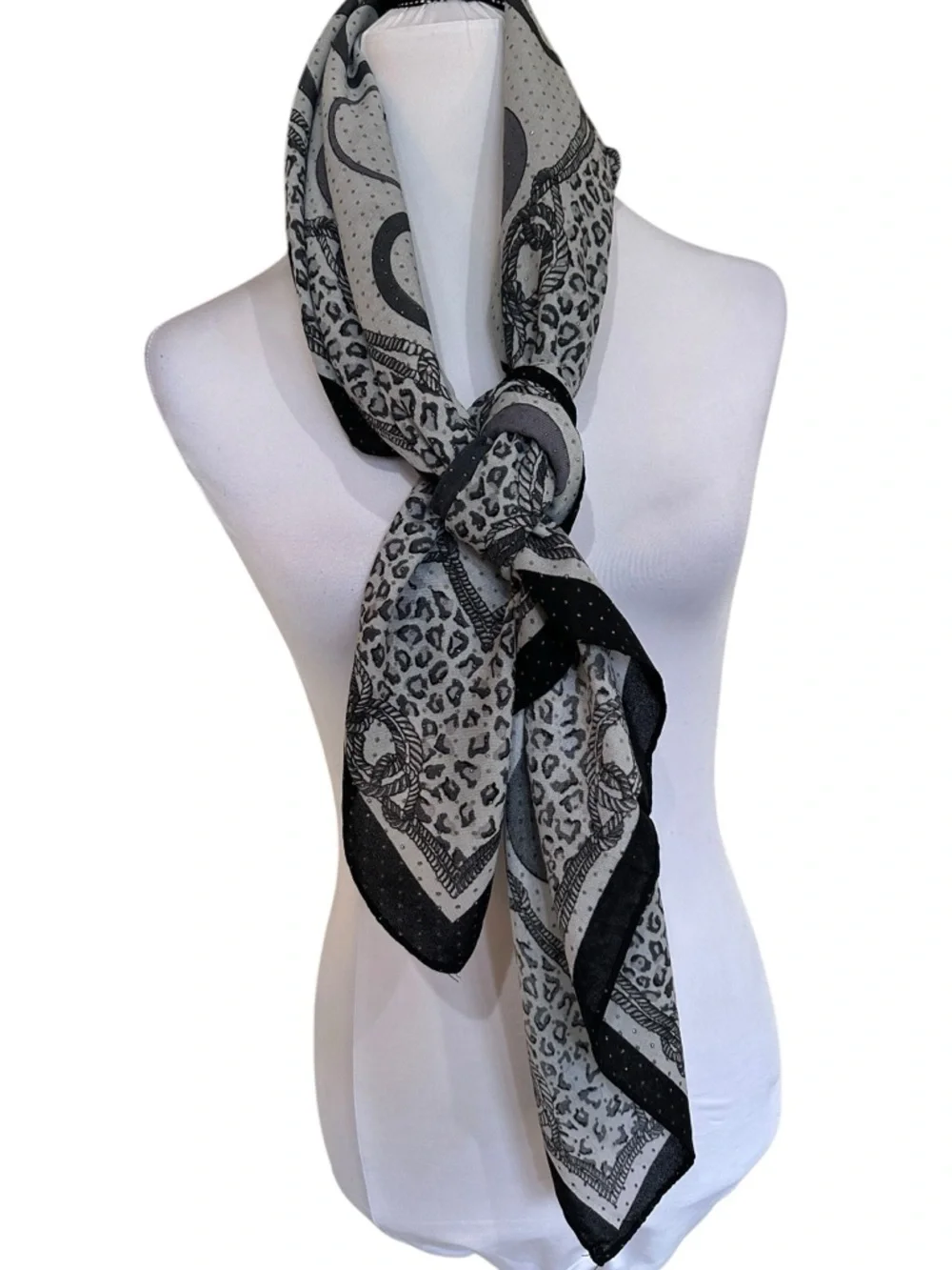 Black Gray Ivory Large Square Foulard Scarf Gold Metallic Dot Sheer Wrap 41”